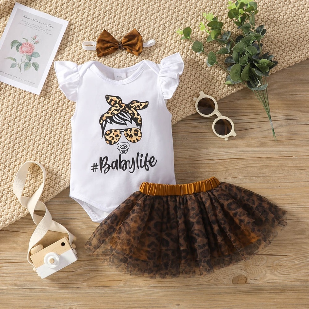 Baby Girl Graphic Ruffled Bodysuit and Printed Skirt Set